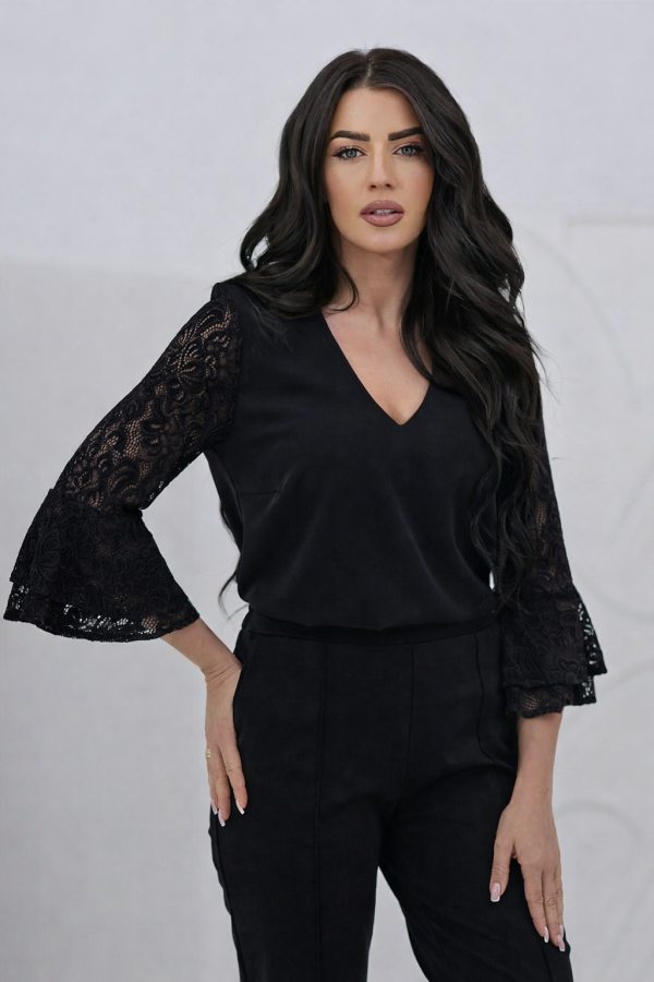 Stylowa bluzka damska koronkowy rękaw 3/4 dekolt V - czarny